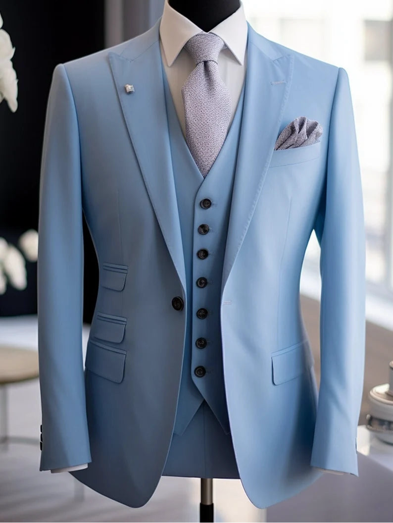 Luxury Italian Fabric 3-Piece Suit for Men|Sky Blue | Wedding, Party & Formal Wear