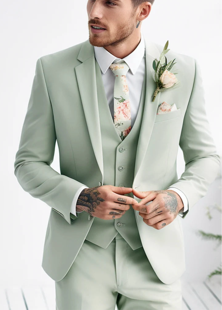 Luxury Italian Fabric 3-Piece Suit for Men | Sage Green |Wedding, Party & Formal Wear