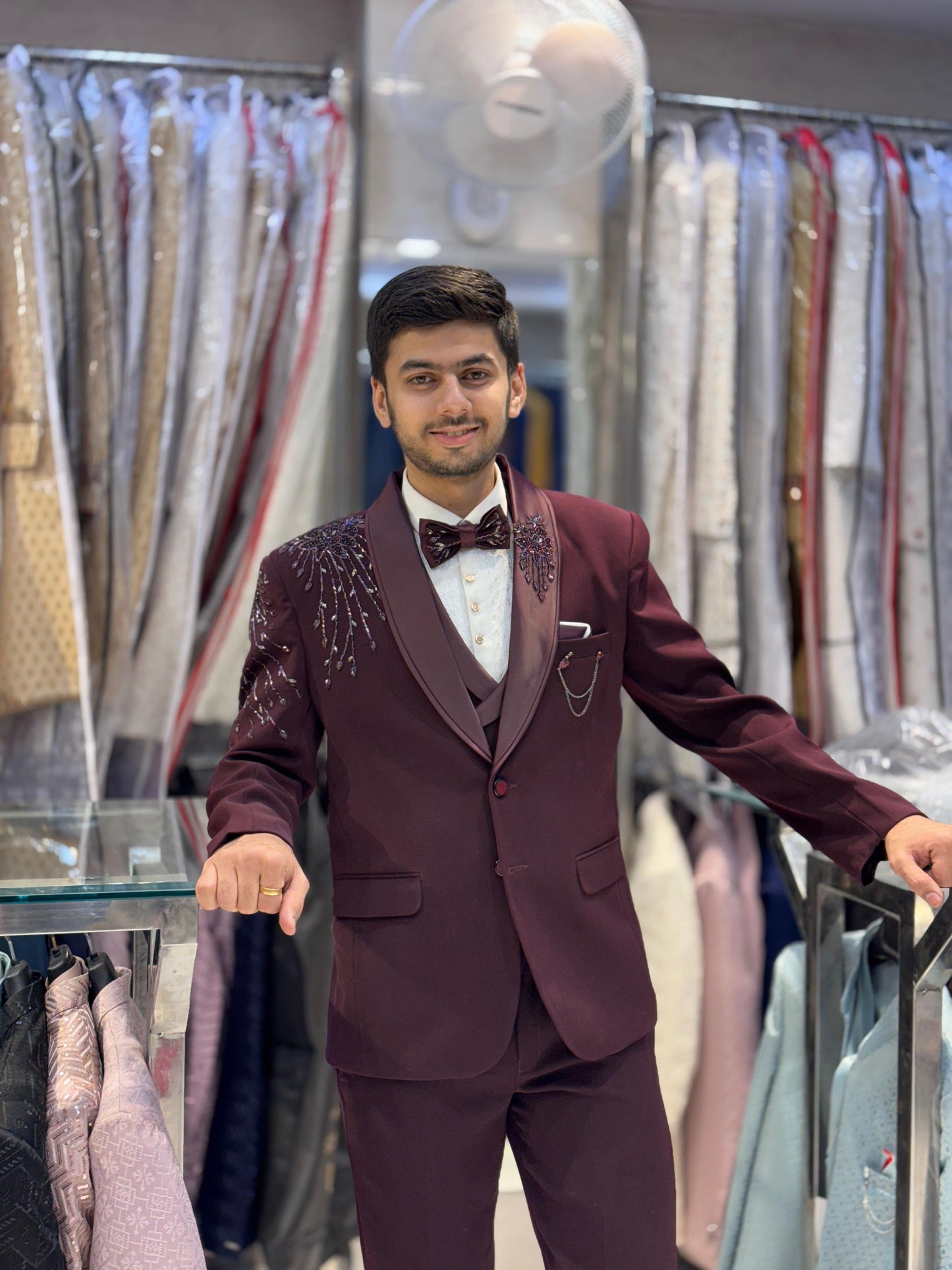 Embroidery Wine 3ps Suit with Manwork Detailing – Premium Italian Fabric & Impeccable Finish