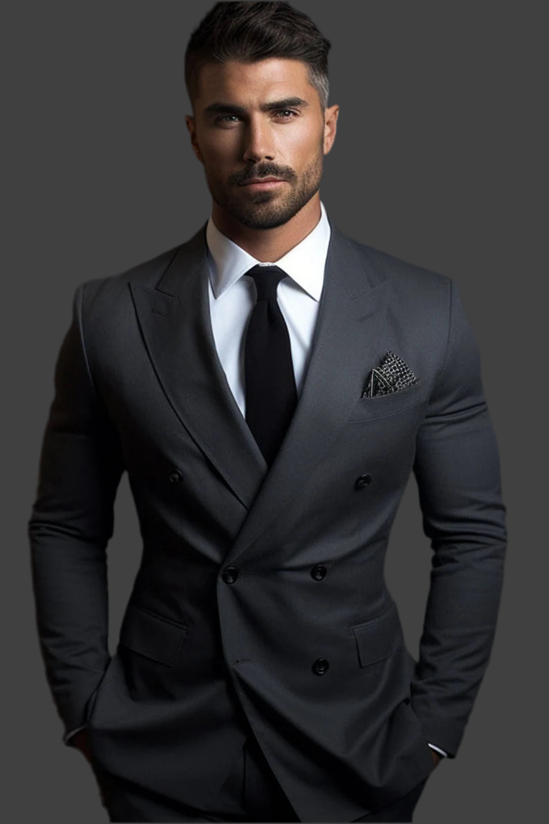 Feel the Luxury Italian Fabric Double Breasted Suit for Men | Smoke Grey| Wedding, Party wear; Formal Wear
