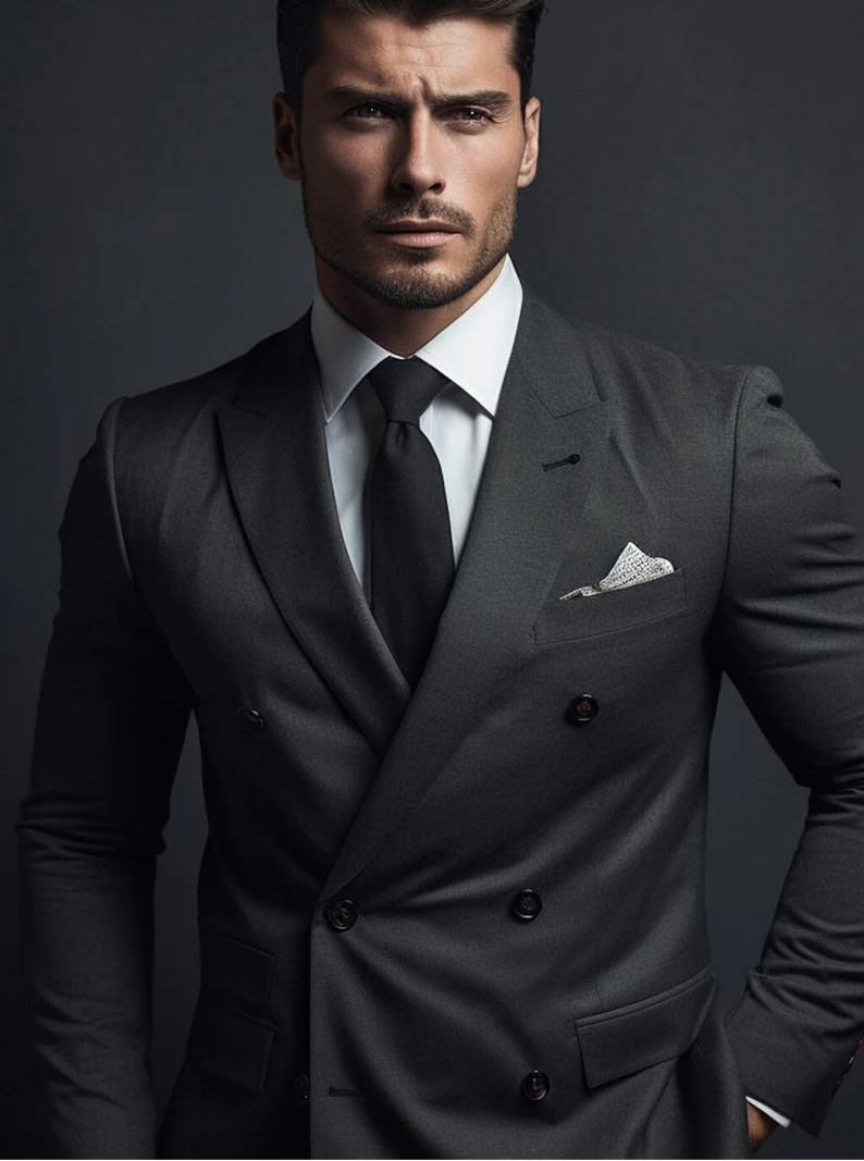 Luxury Italian Fabric Double Breasted Suit for Men | Smoke Grey| Wedding, Party wear; Formal Wear