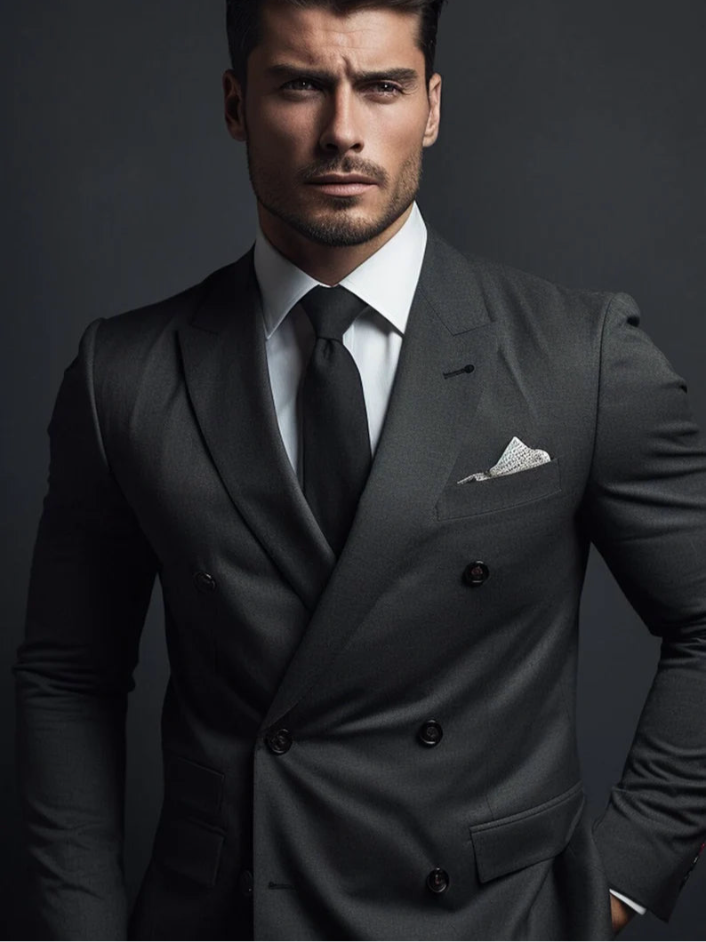 Luxury Italian Fabric Double Breasted Suit for Men | Smoke Grey| Wedding, Party wear; Formal Wear