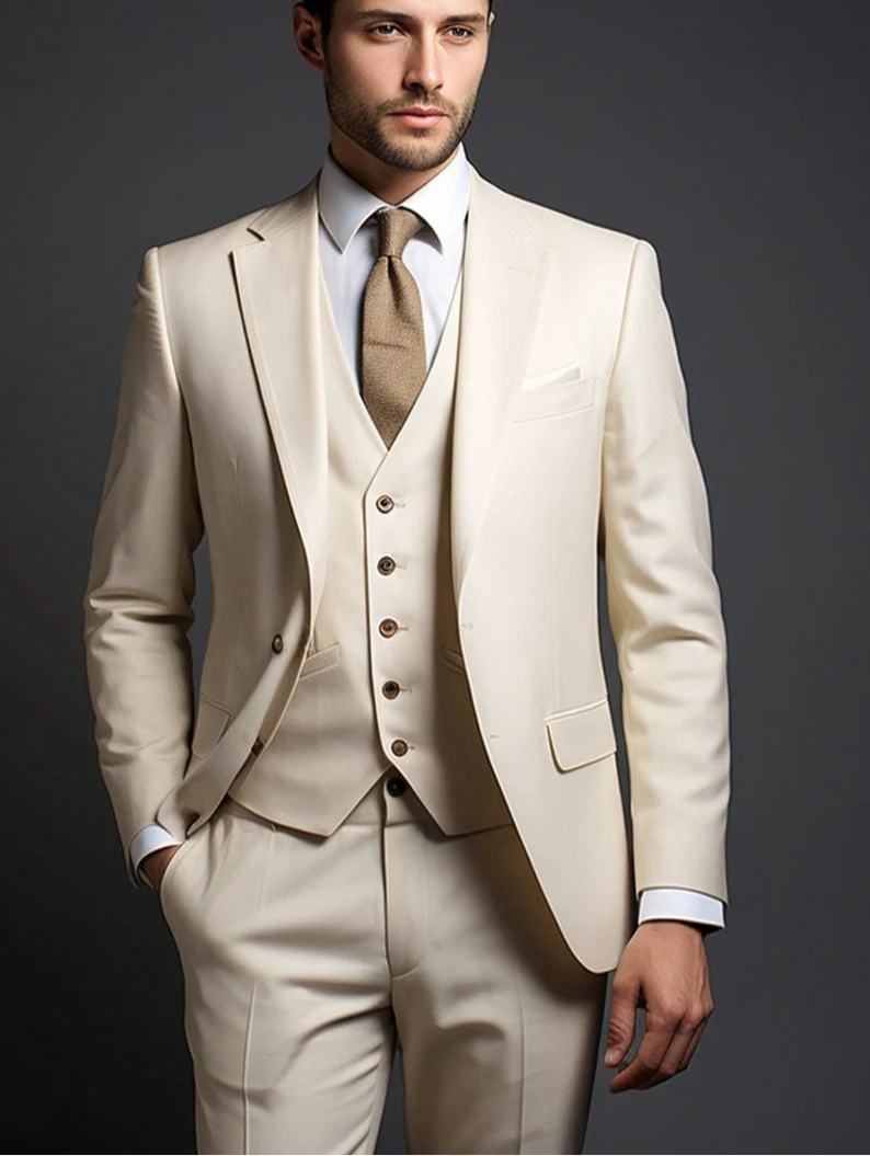 Italian Fabric 3-Piece Suit for Men | Beige |Wedding, Party & Formal Wear