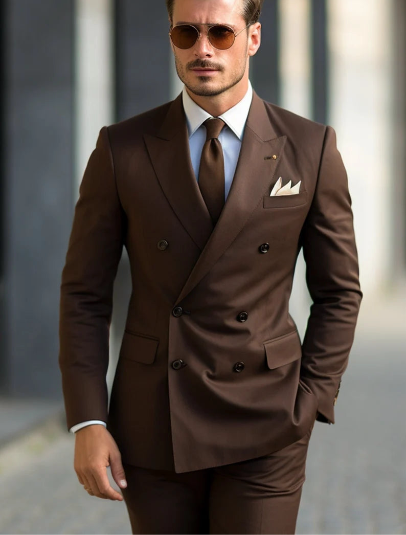 Luxury Italian Fabric Double Breasted Suit for Men | Smoke Brown| Wedding, Party wear; Formal Wear