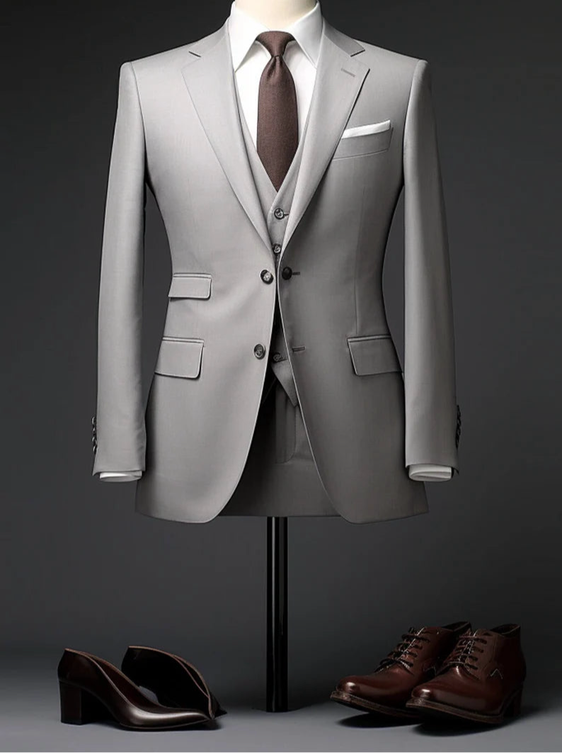 Premium Elegant Light Steel Grey 3-Piece Long Suit/Tailored Fit