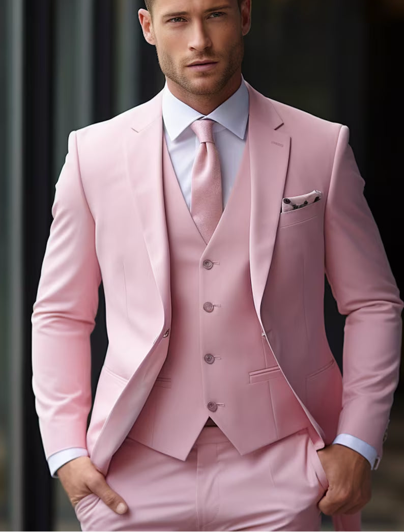 Italian Fabric 3-Piece Suit for Men | Blossom Pink |Wedding, Party & Formal Wear