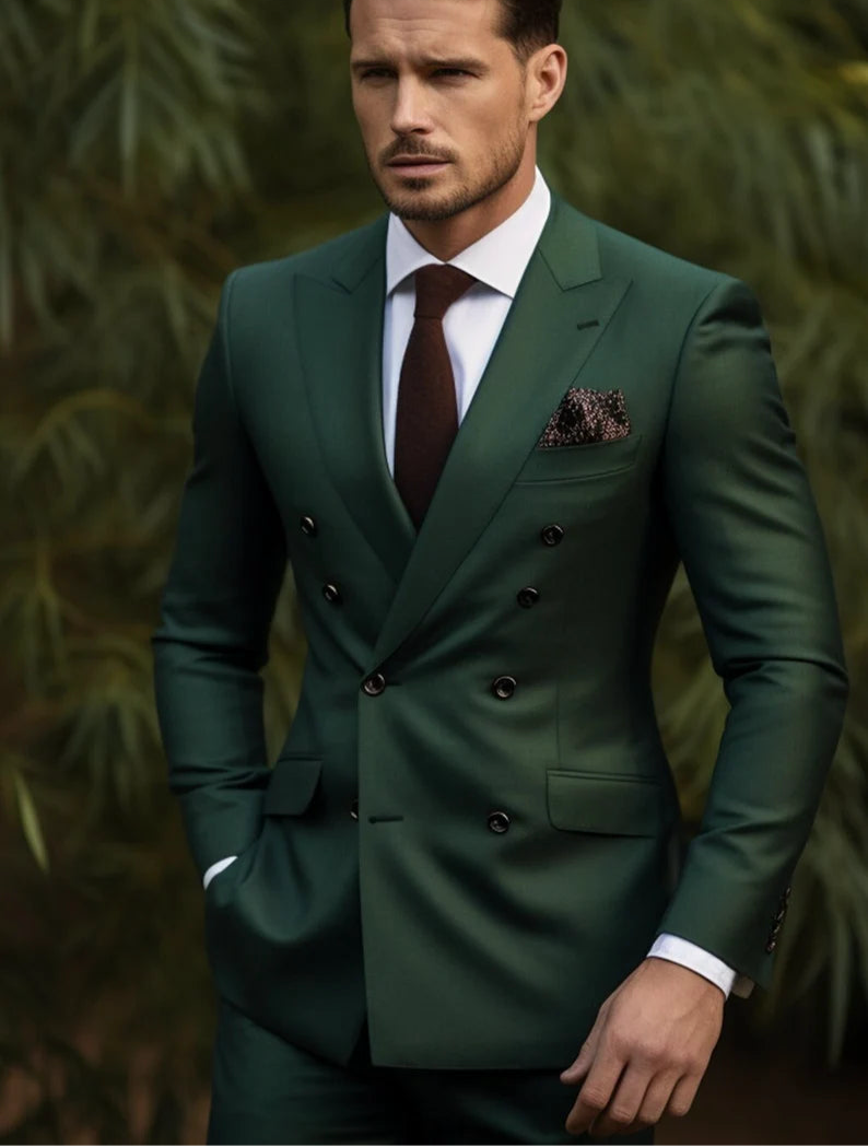 Effortless Luxury Italian Fabric Double Breasted Suit for Men | Majestic Green| Wedding, Party wear; Formal Wear