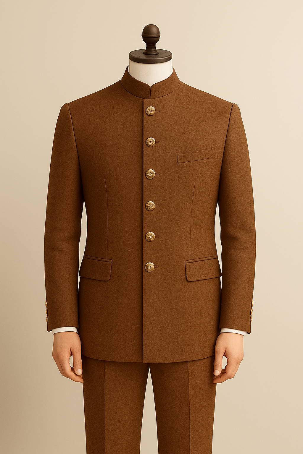 Regal Tan Jodhpuri Suit with Six Golden Buttons – A Timeless Royal Ensemble