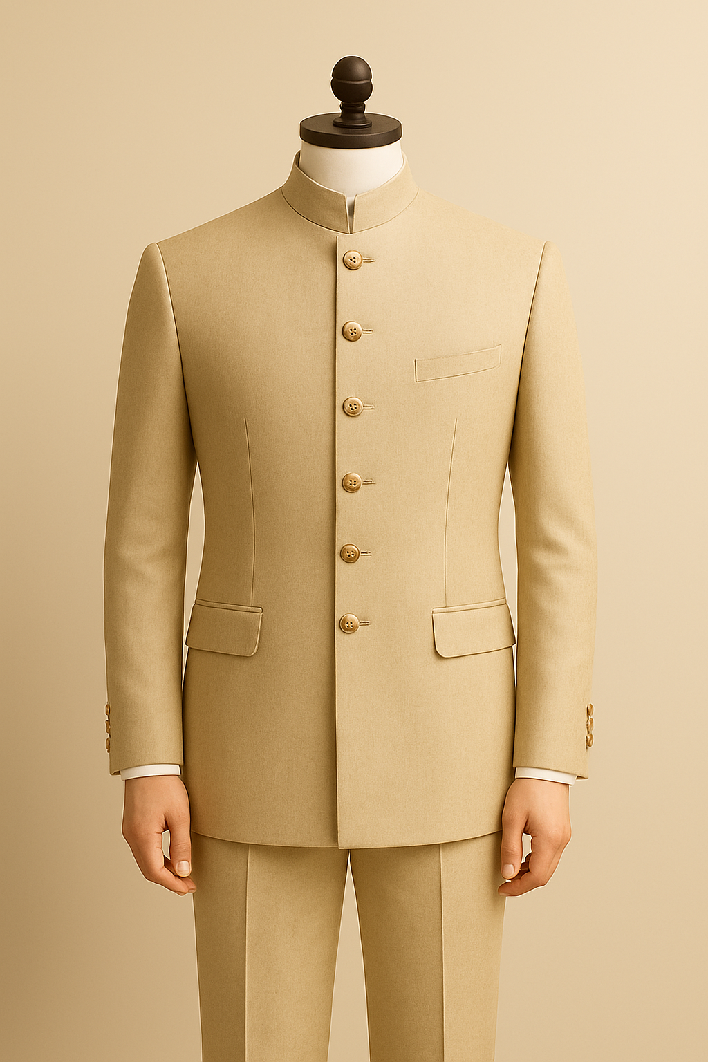 Regal Beige Jodhpuri Suit with Six Golden Buttons – A Timeless Royal Ensemble