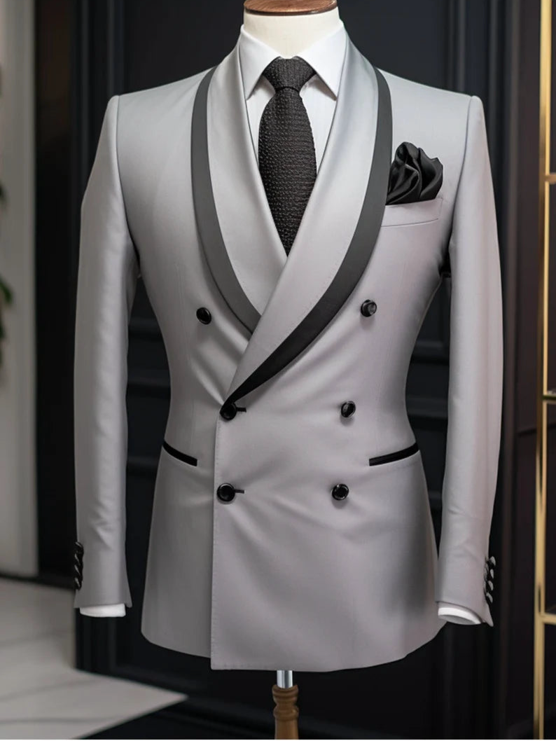 Luxury Italian Fabric Double Breasted Suit for Men | Steel Grey| Wedding, Party wear; Formal Wear