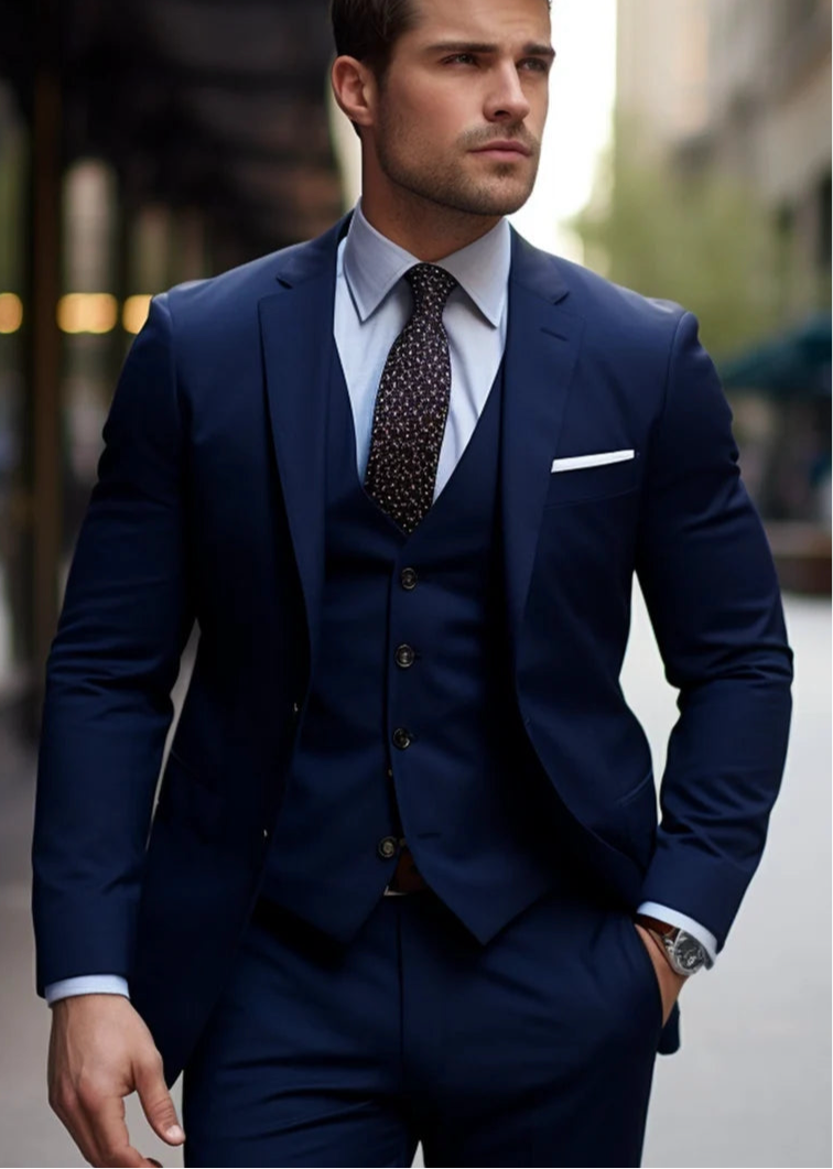 Luxury Italian Fabric 3-Piece Suit for Men|Midnight Blue | Wedding, Party & Formal Wear