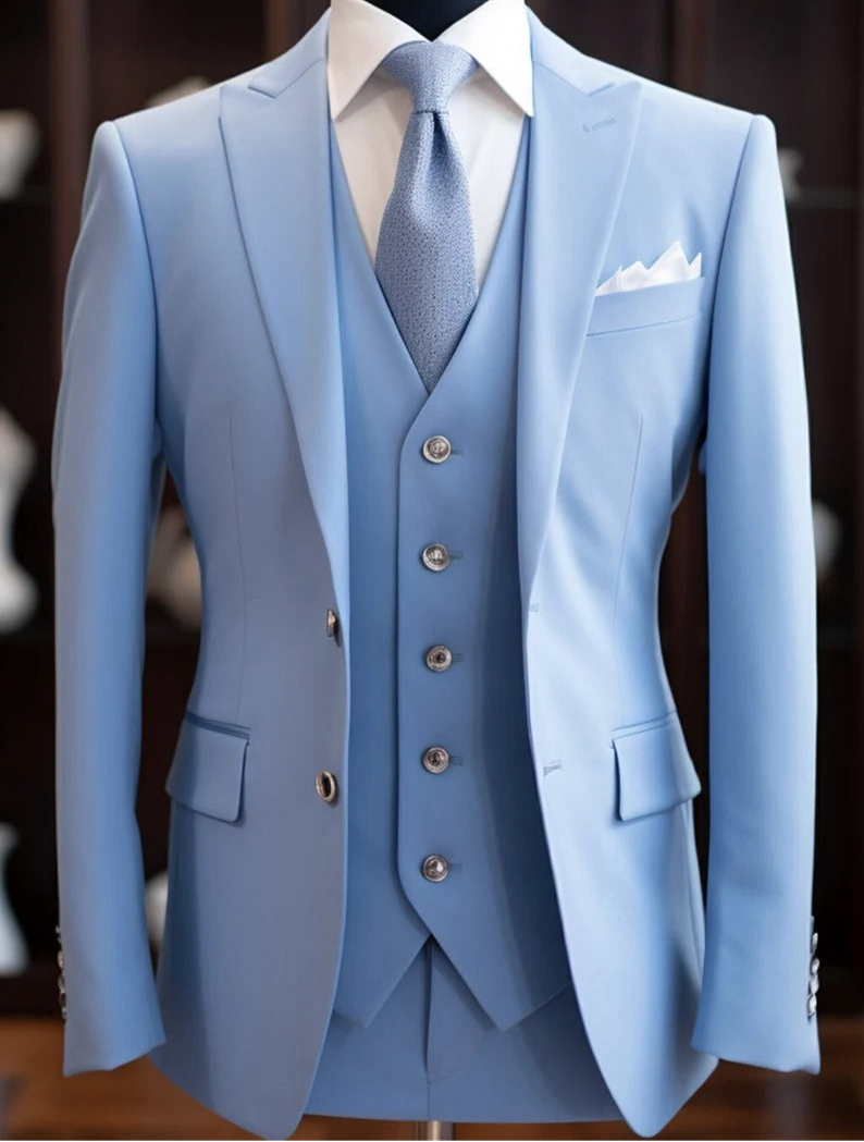 Luxury Italian Fabric 3-Piece Suit for Men|Sky Blue | Wedding, Party & Formal Wear