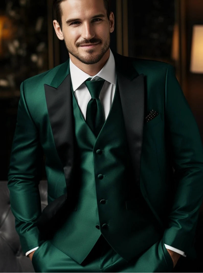 Luxury Italian Fabric 3-Piece Suit for Men Midnight Green Tuxedo |Wedding, Party & Formal Wear