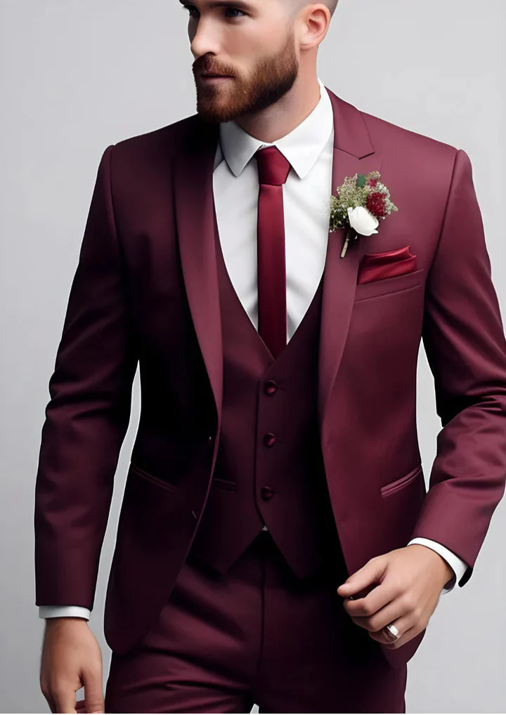 Elegant Distinctive Burgundy 3-Piece Suit/Tailored Fit