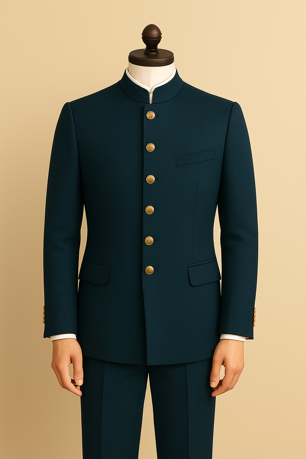 Regal Teal Blue Jodhpuri Suit with Six Golden Buttons – A Timeless Royal Ensemble