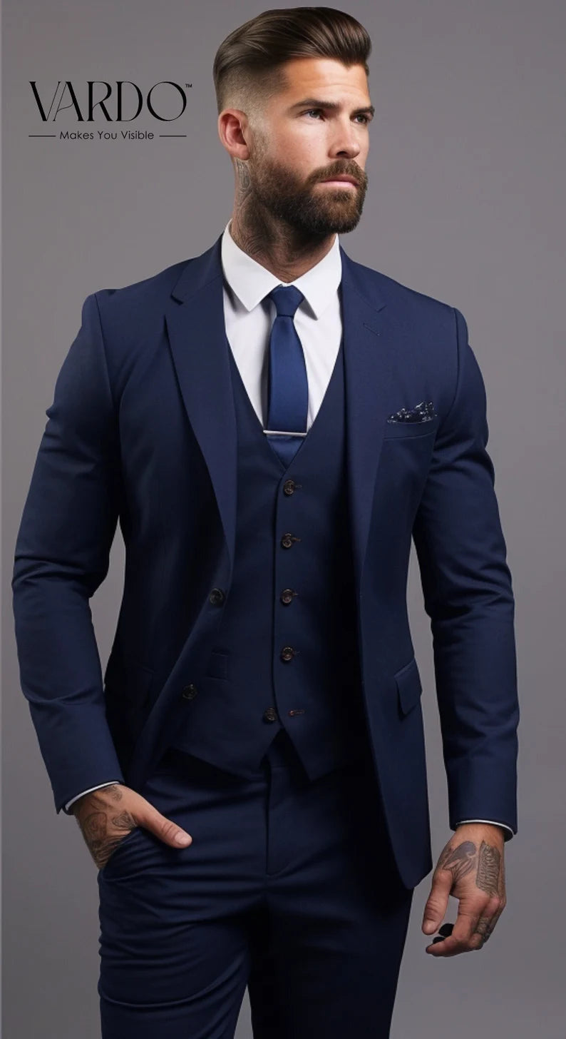 The Luxury Italian Fabric 3-Piece Suit for Men| Midnight Blue | Wedding, Party & Formal Wear
