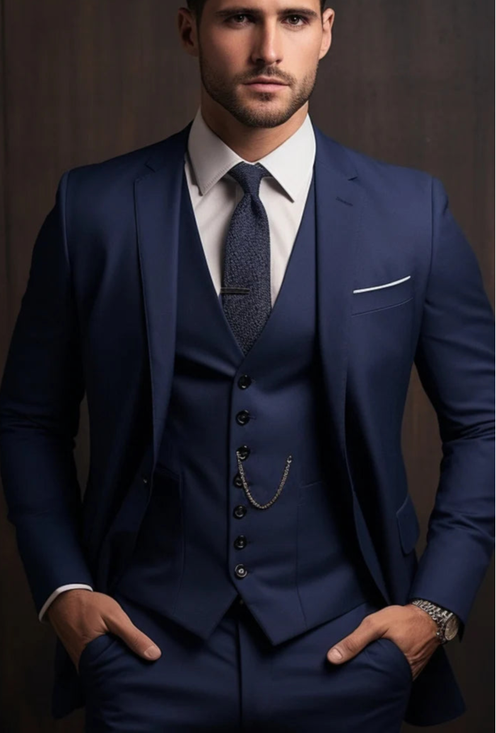 The Luxury Italian Fabric 3-Piece Suit for Men| Midnight Blue | Wedding, Party & Formal Wear