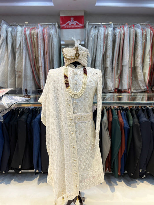 Royal Ivory Hand-Zardozi Sherwani Set – 10-Piece Regal Ensemble