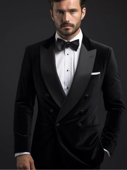 Luxury Velvet Fabric Double Breasted Suit for Men | Prime Black| Wedding, Party wear; Formal Wear