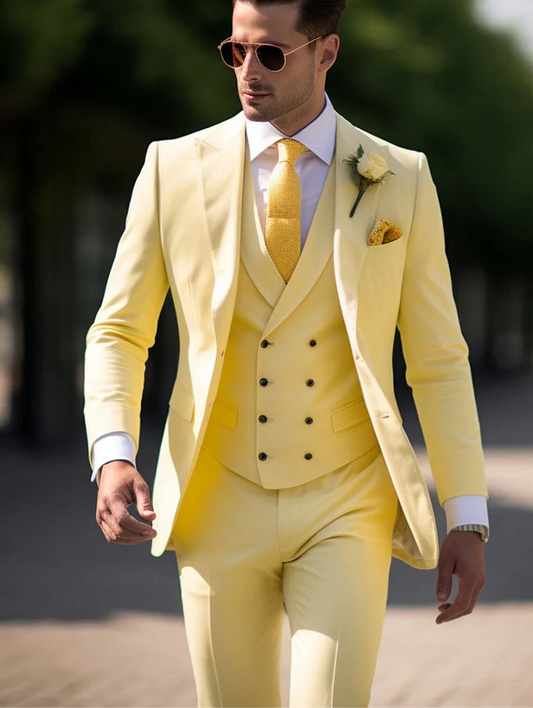 Feel The Luxury Sundowner Italian Fabric 3-Piece Suit for Men| Sundowner Yellow| Wedding, Party & Formal Wear