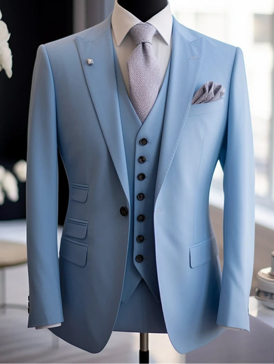 Luxury Italian Fabric 3-Piece Suit for Men|Sky Blue | Wedding, Party & Formal Wear