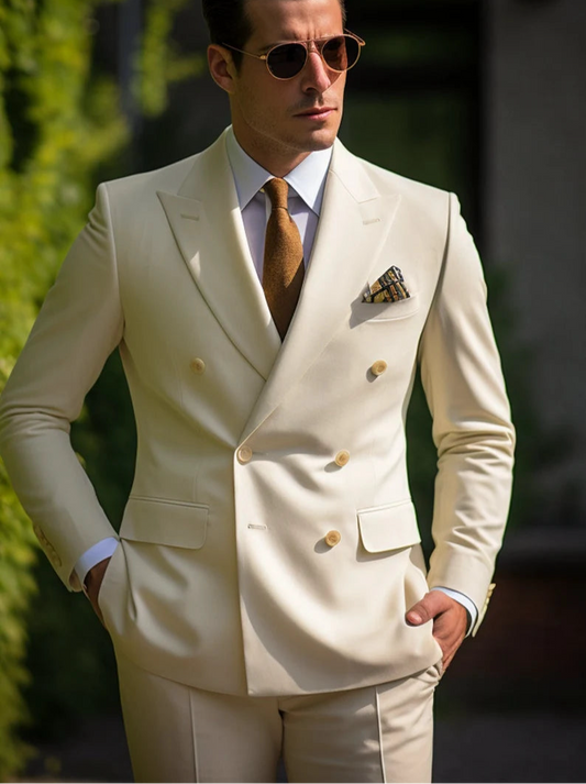 Luxury Italian Fabric Double Breasted Suit for Men | Cream Beige| Wedding, Party wear; Formal Wear