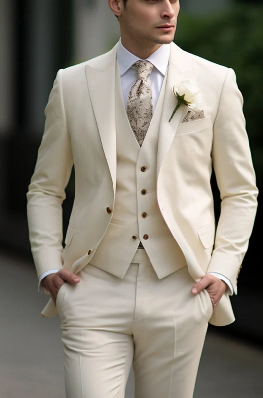 Luxury Italian Fabric 3-Piece Suit for Men | Sin Ivory  |Wedding, Party & Formal Wear