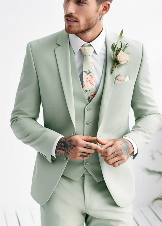 Luxury Italian Fabric 3-Piece Suit for Men | Sage Green |Wedding, Party & Formal Wear