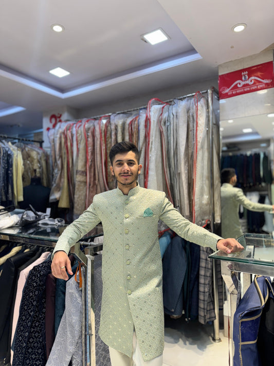 Stunning Green Indo-Western Ensemble vs Golden Accents – A Blend of Heritage and Modern Elegance