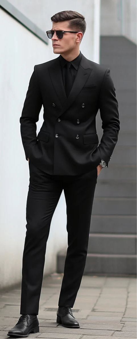 Feel The Luxury Italian Fabric Double Breasted Suit for Men | Bossy Black | Wedding, Party wear; Formal Wear