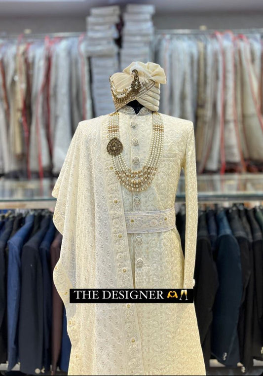 Royal Ivory Hand-Zardozi Sherwani Set – With 10-Piece Regal Ensemble