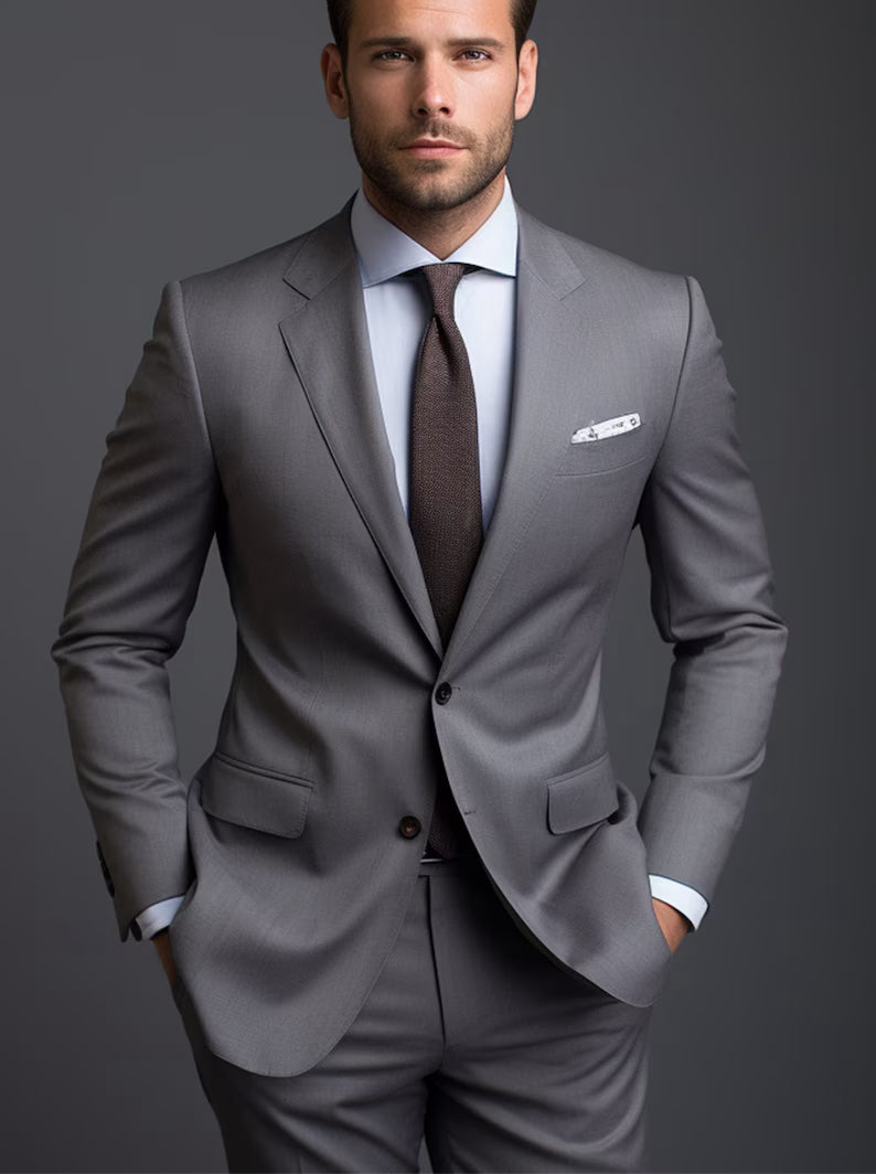 Luxury Italian Fabric 2-Piece Suit for Men | Elegant Silver| Wedding, Party Wear; Formal Wear