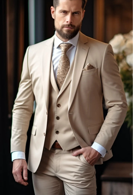 Feel The Luxury Italian Fabric 3-Piece Suit for Men | Sand Beige |Wedding, Party & Formal Wear