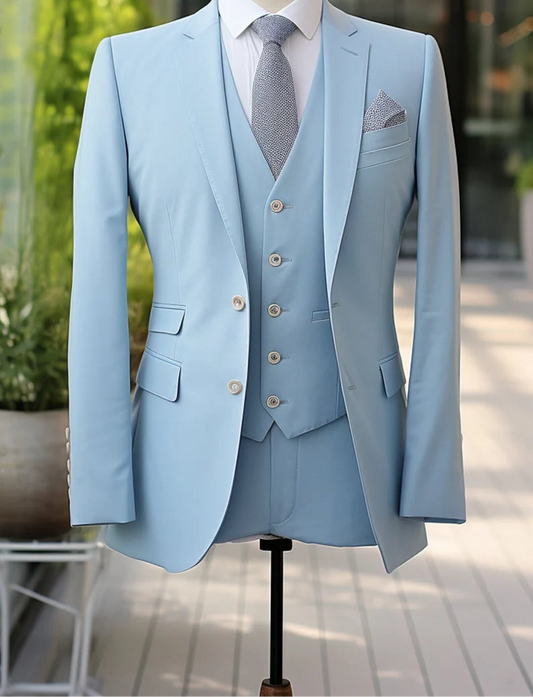 Italian Fabric 3-Piece Suit for Men| Sky Blue | Wedding, Party & Formal Wear