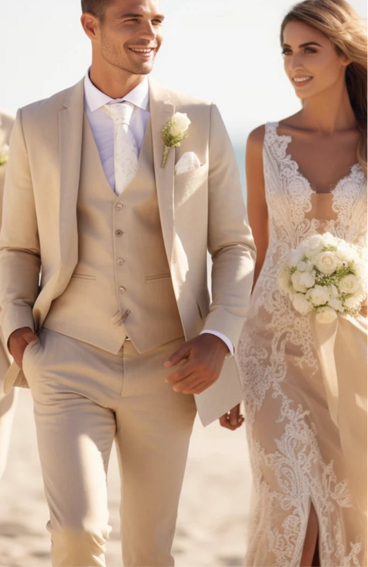 Luxury Italian Fabric 3-Piece Suit for Men | Sand Beige |Wedding, Party & Formal Wear