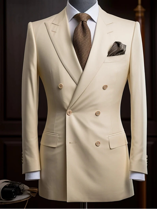 Luxury Italian Fabric Double Breasted Suit for Men |Cream Beige| Wedding, Party wear; Formal Wear
