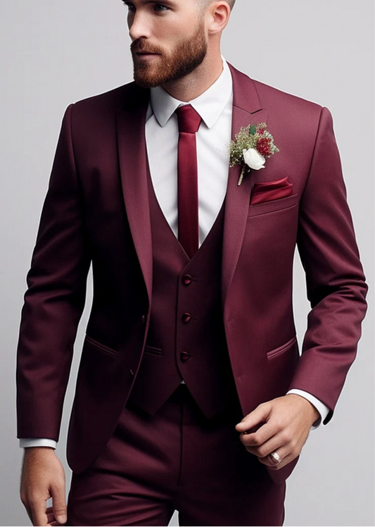 Italian Fabric 3-Piece Suit  Men | Grown Wine |Wedding, Party & Formal Wear