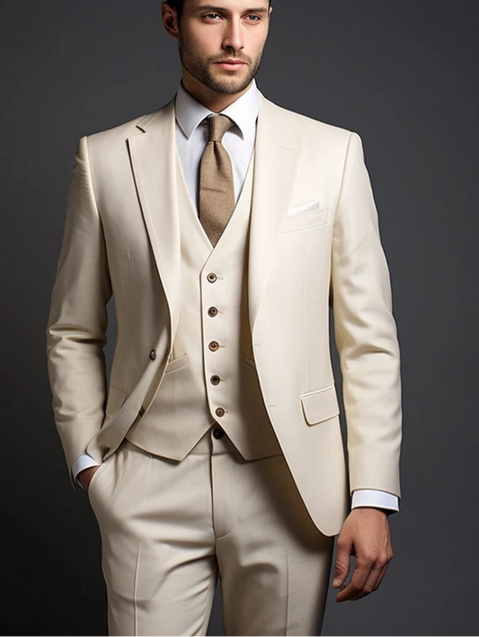 Italian Fabric 3-Piece Suit for Men | Beige  |Wedding, Party & Formal Wear