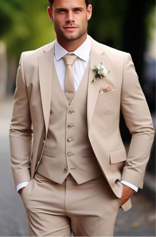 The Luxury Italian Fabric 3-Piece Suit for Men | Sand Beige |Wedding, Party & Formal Wear