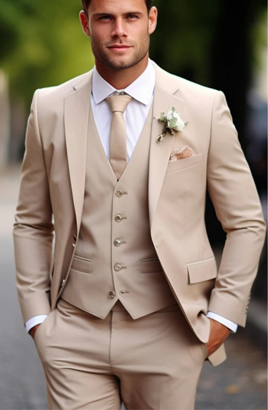 Italian Fabric 3-Piece Suit for Men | Beige  |Wedding, Party & Formal Wear