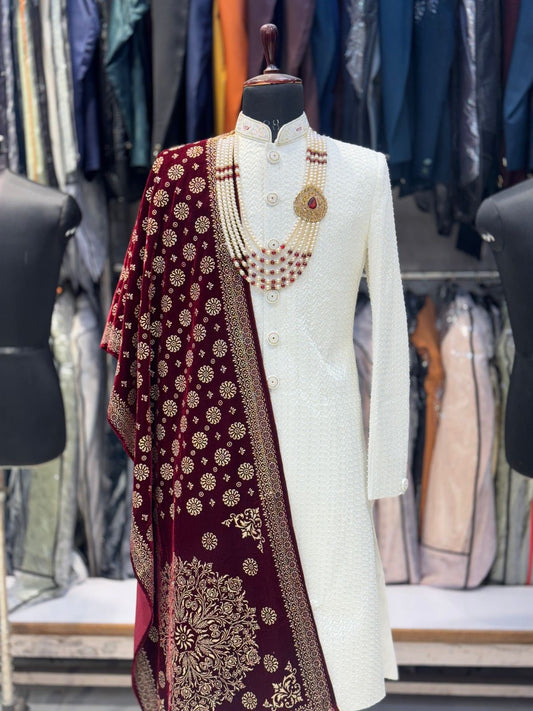 Royal Ivory Hand Zardozi Heavy Sherwani Set – 10-Piece Regal Ensemble