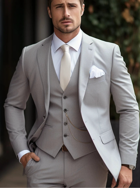 Premium Elegant Light Ashy Grey 3-Piece Long Suit/Tailored Fit