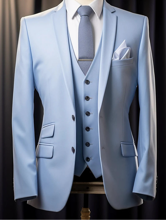 Luxury Italian Fabric 3-Piece Suit for Men| Sky Blue | Wedding, Party & Formal Wear