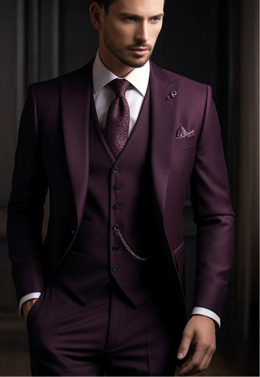 Italian Fabric 3-Piece Suit  Men | Dark Wine |Wedding, Party & Formal Wear
