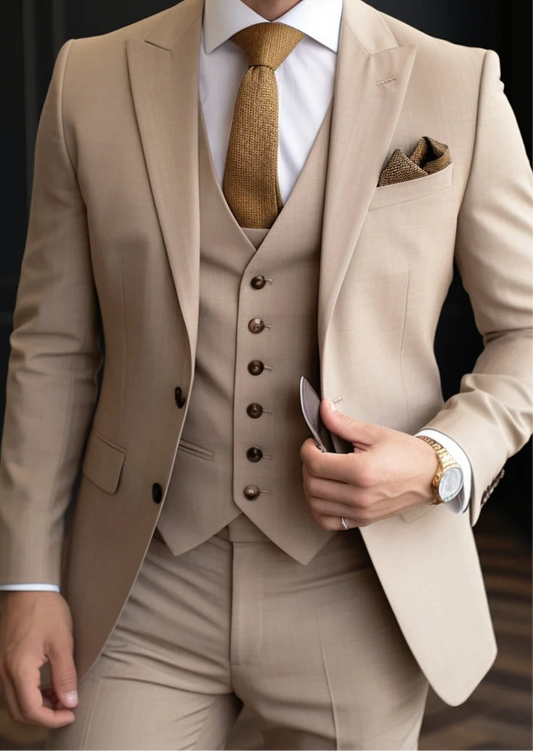 Get The Luxury Italian Fabric 3-Piece Suit for Men | Sand Beige |Wedding, Party & Formal Wear