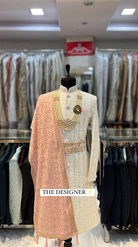 Royal Ivory Hand-Zardozi Heavy Sherwani Set – 10-Piece Regal Ensemble