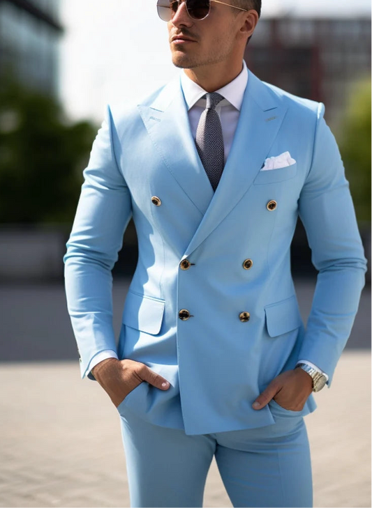 Effortless Luxury Italian Fabric Double Breasted Suit for Men |Powder Blue | Wedding, Party wear; Formal Wear