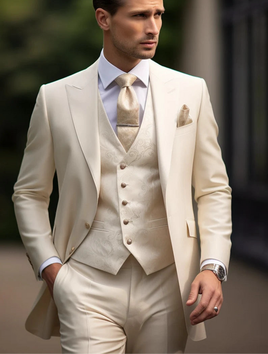 Luxury Italian Fabric 3-Piece Suit for Men | Ivory Beige |Wedding, Party & Formal Wear