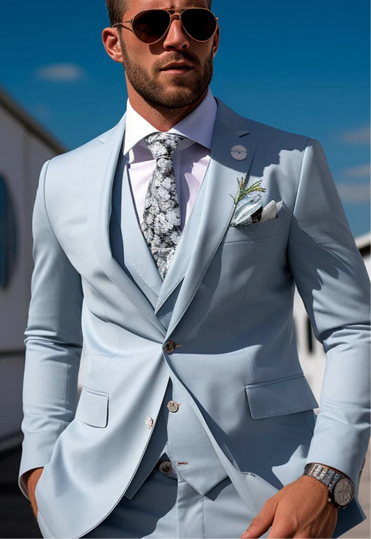 Luxury Italian Fabric 3-Piece Suit for Men|Pool Blue | Wedding, Party & Formal Wear