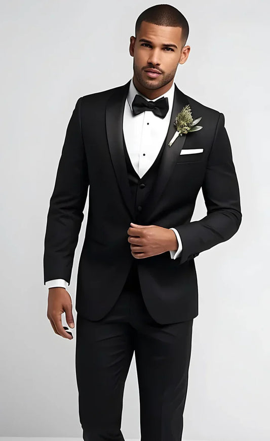 Elegant Black Shawl Lapel 3-Piece Suit/Tailored Fit